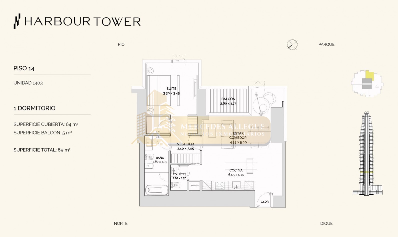 2 Ambientes de Alta Gama en Piso 14 — Torre Harbour.