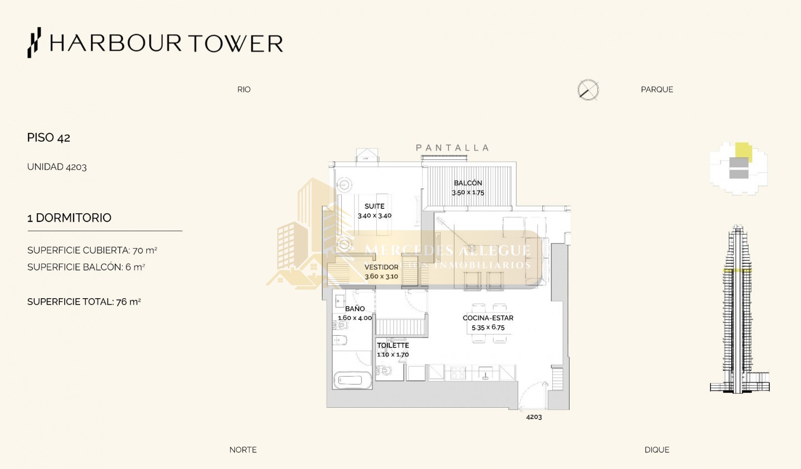 2 ambientes en piso 42 - Torre Harbour, Puerto Madero Vista al parque y al Rio 