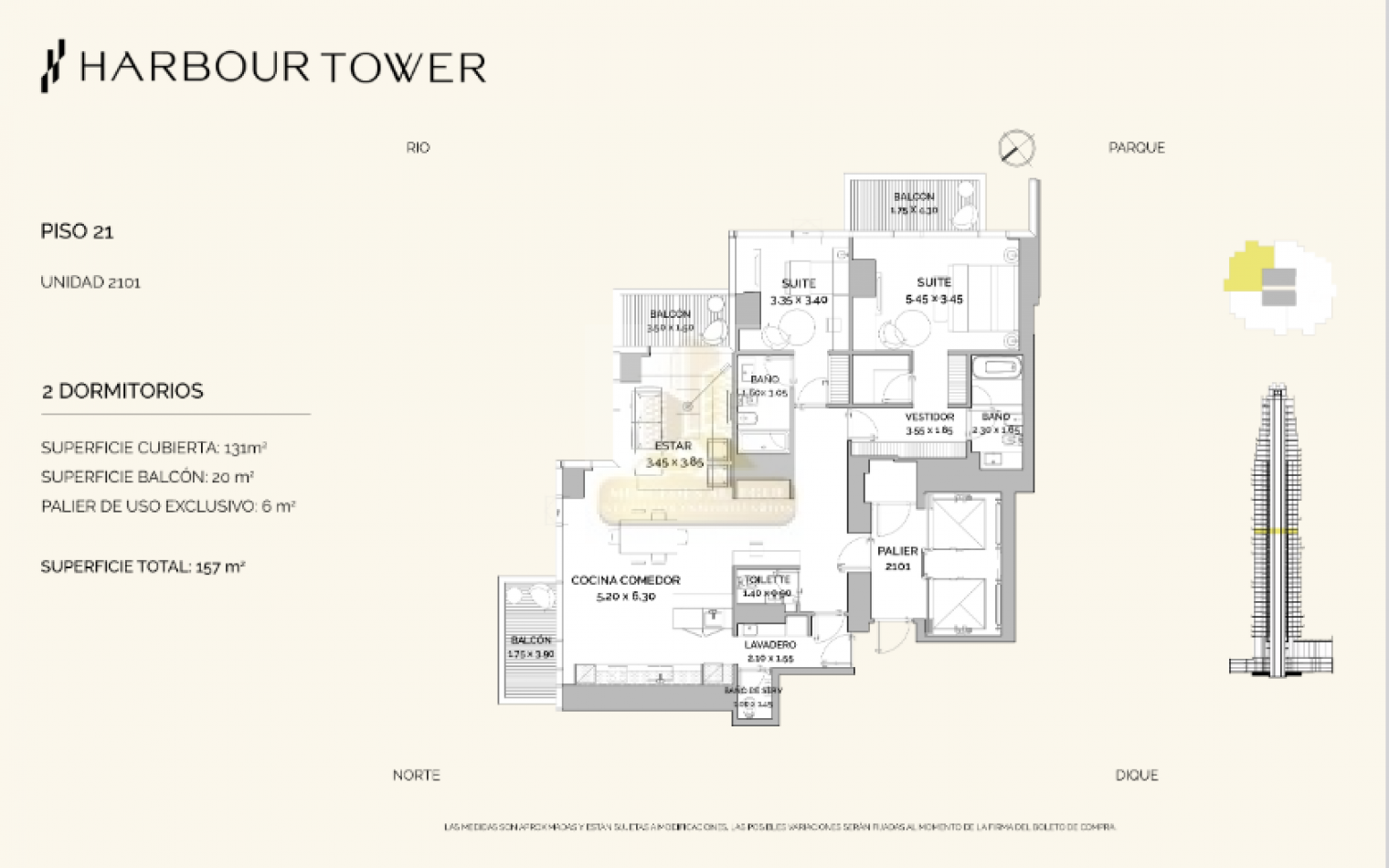 3 Ambientes de Alta Gama en Piso 21 — Torre Harbour, Puerto Madero