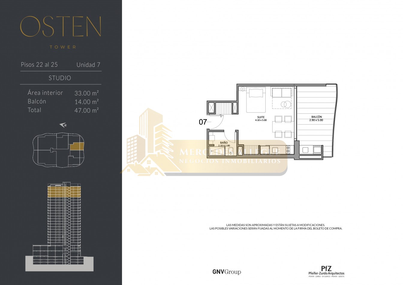 Suite en venta 2 ambientes piso 24 Osten tower | UF 2407